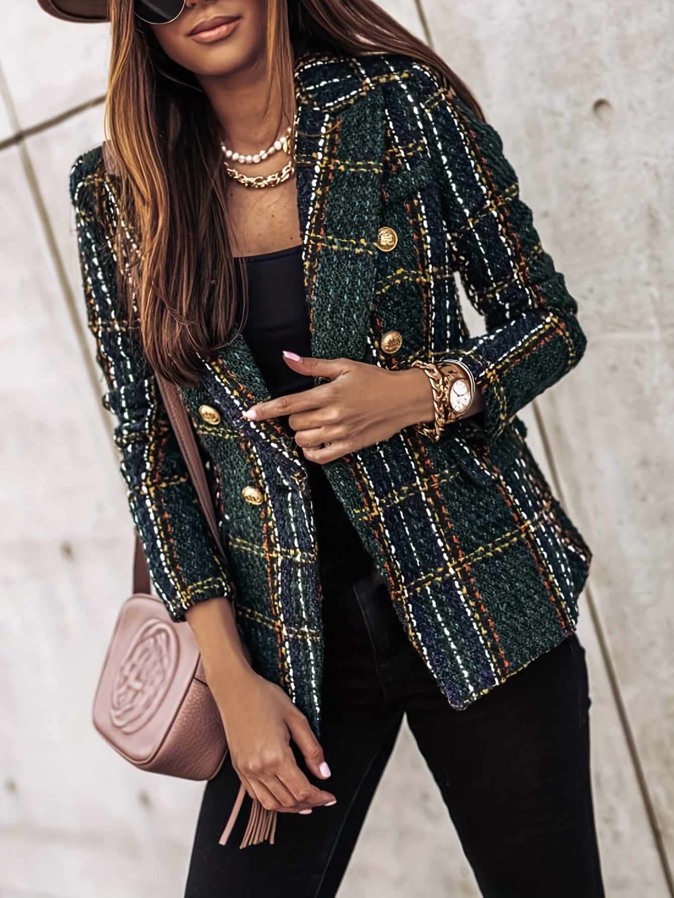 Geneviève | Blazer croisé - Élégant manteau en tweed à carreaux et manches longues, idéal pour le bureau et le travail, Vêtements pour femmes