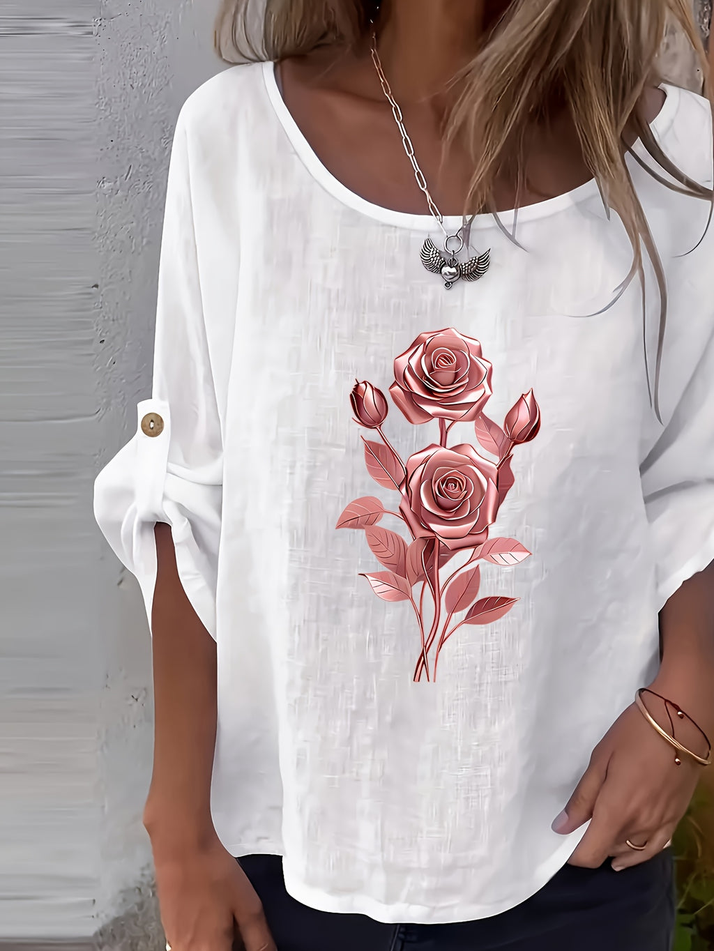 Lunelle | Elegant dames-T-shirt met bloemenprint en ronde hals – Casual, losse pasvorm, knoopjes, lente