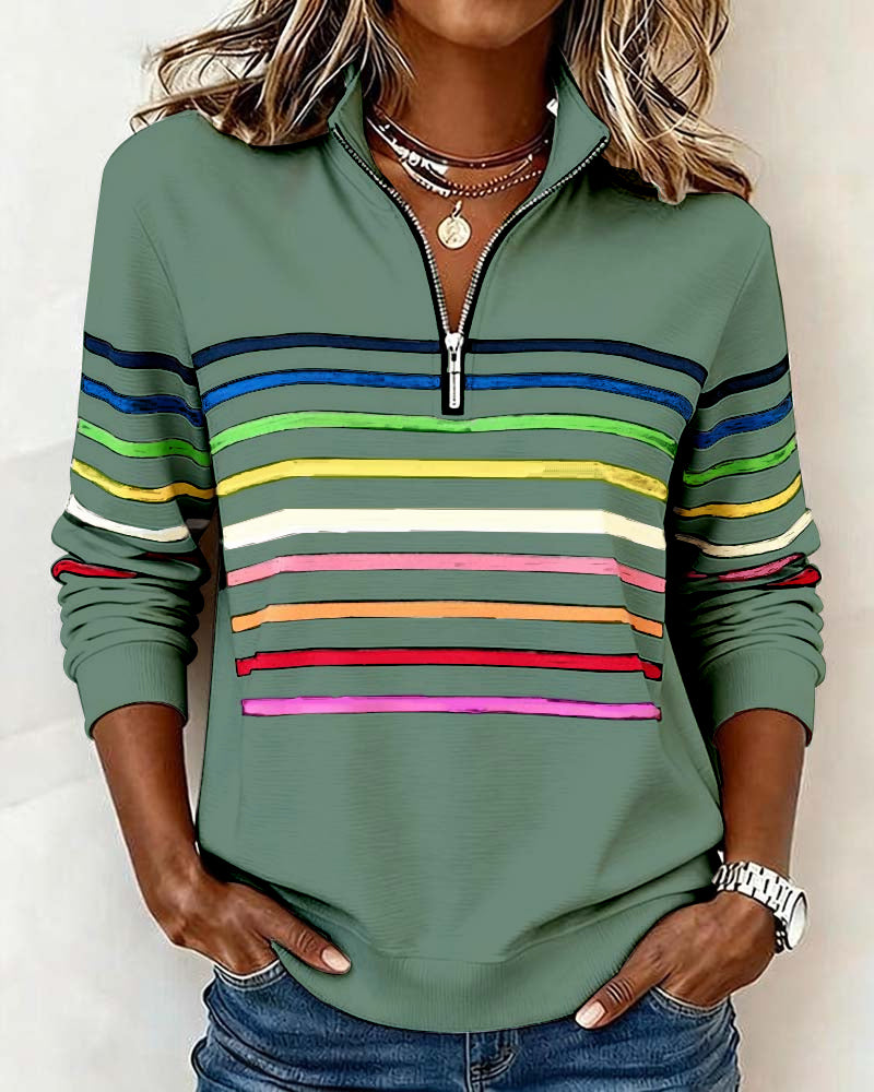 Vayen | Regenboogstreep sweatshirt met halve rits voor dames – Casual pullover, trendy kleurrijke top