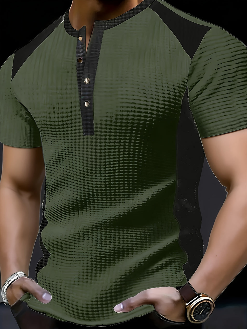 Elrik | Wafelpolo voor heren – Zwart-wit T-shirt met kleurblokken in casual zakelijke stijl
