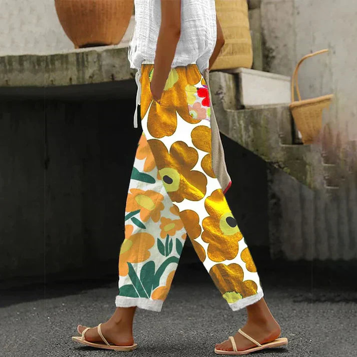 Breanna | Dames groene broek met bloemenprint – casual zomerbroek