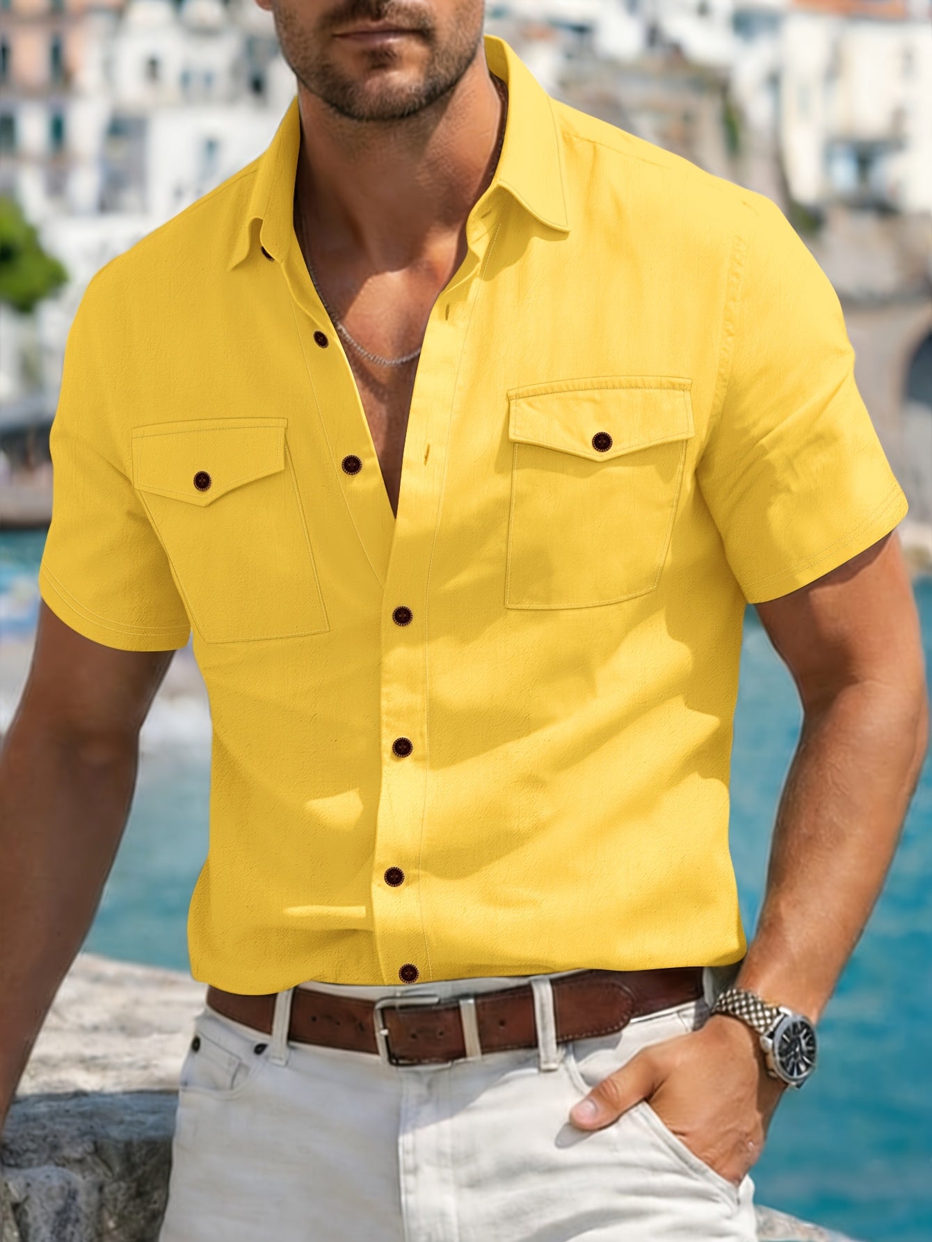 Cyro | Heren zomers linnen overhemd met korte mouwen – casual cardigan-stijl button-up top