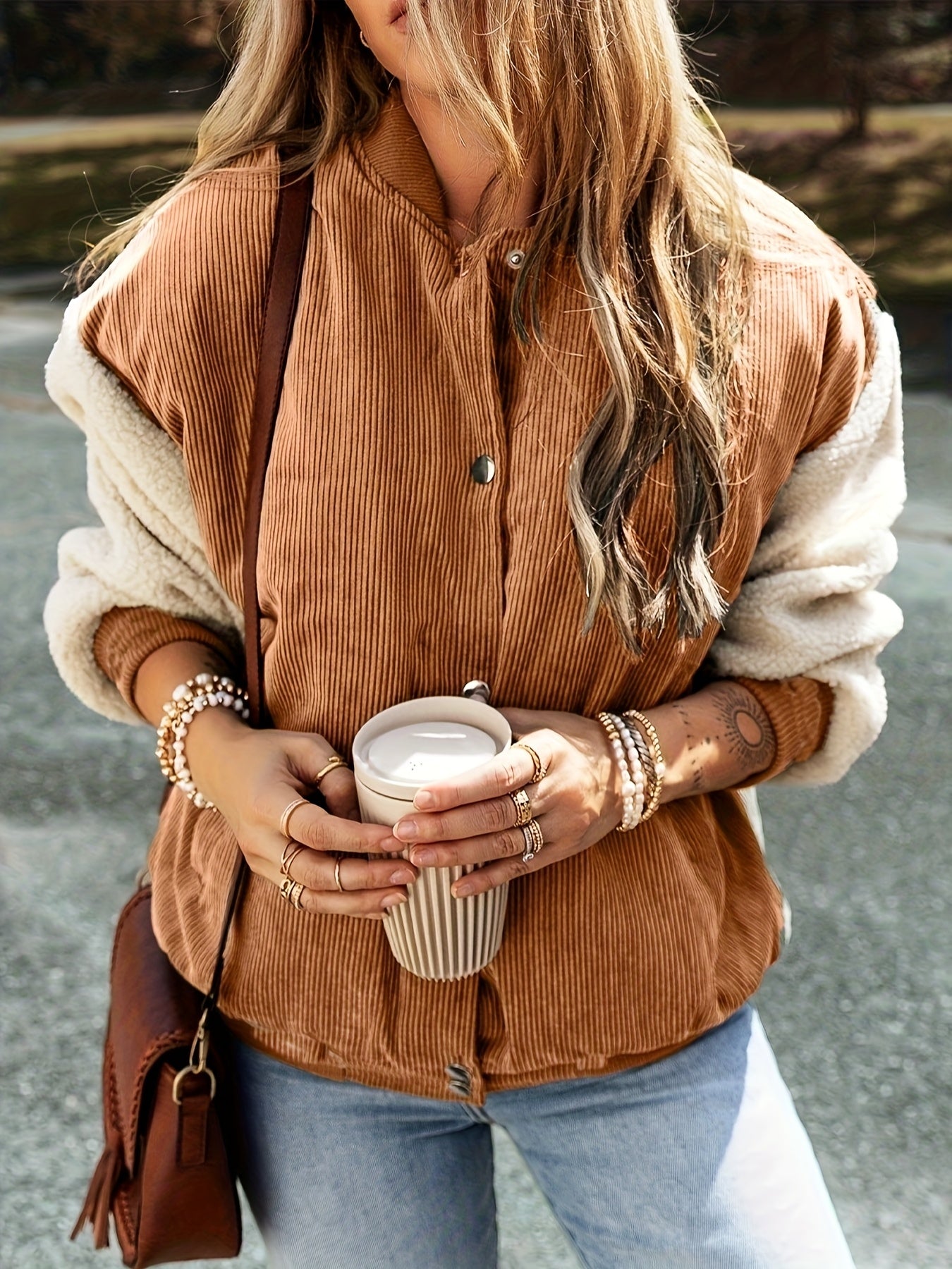 Brivienne | Elegante Jacke mit Baseballkragen und Farbblöcken, warmer Cord, Herbst-/Winterbekleidung