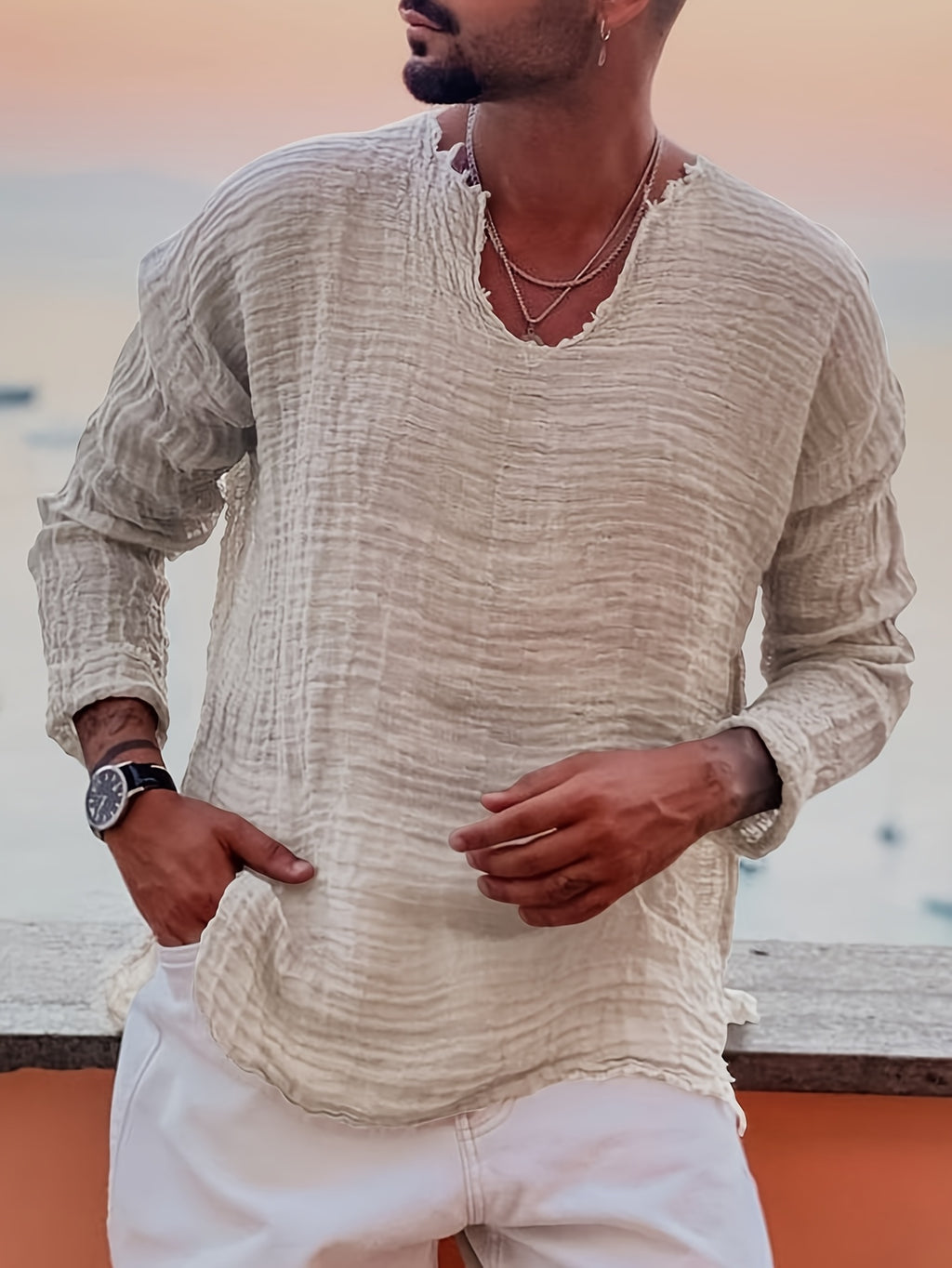 Silo | Heren-T-shirt met korte mouwen en V-hals – Casual zomers strandtop met verweerde look