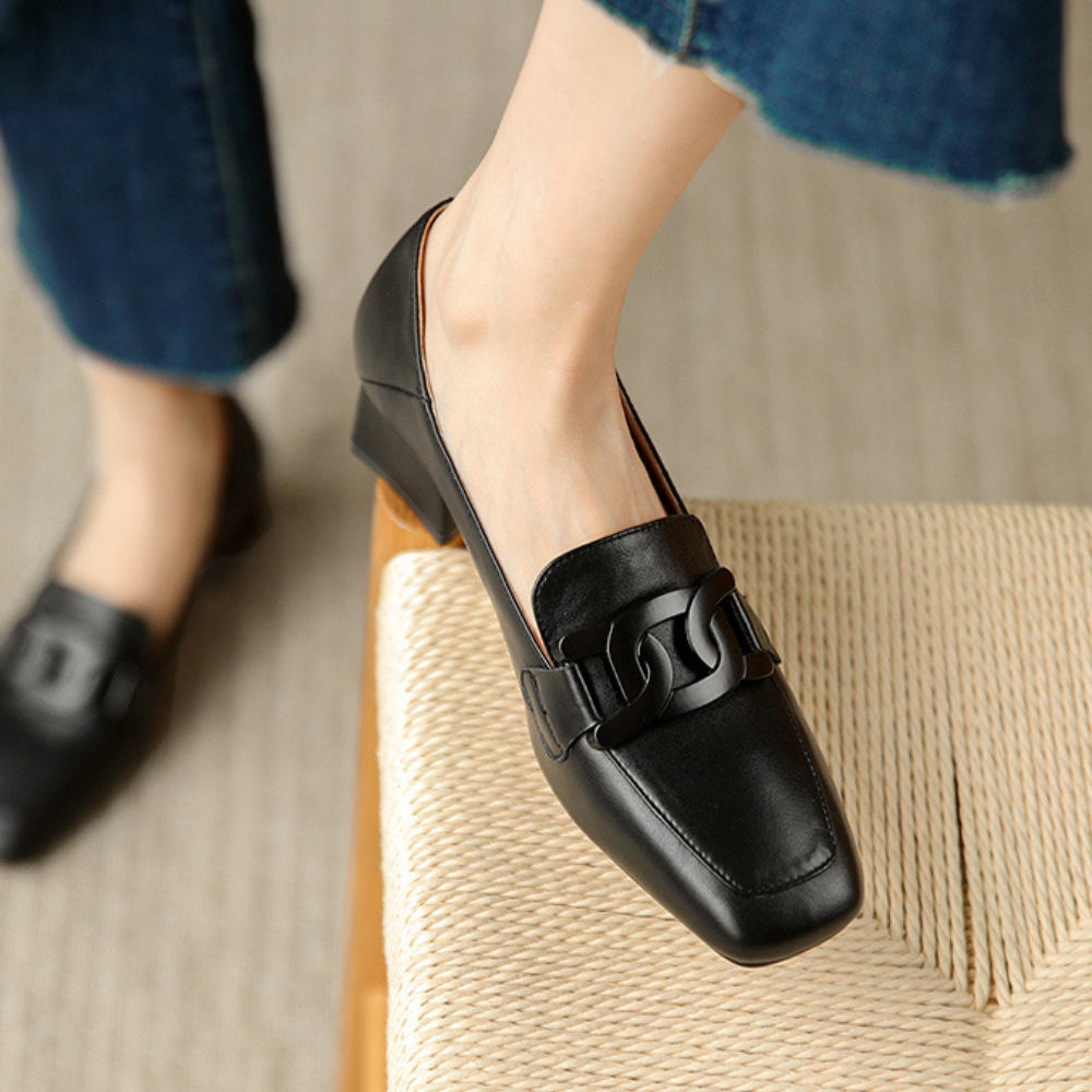 Evrynth | Dames leren loafers - Elegant gespdesign, dikke hakken