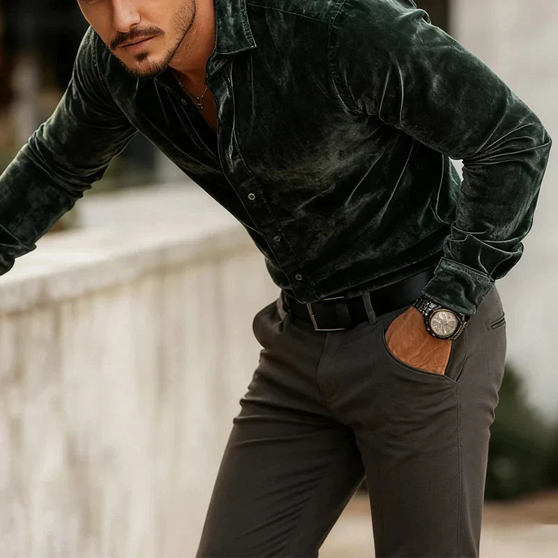 Surge | Men’s Velvet Button-Up Blouse Shirt, Soft Luxe Velvet Top, Long Sleeve Evening & Smart Casual