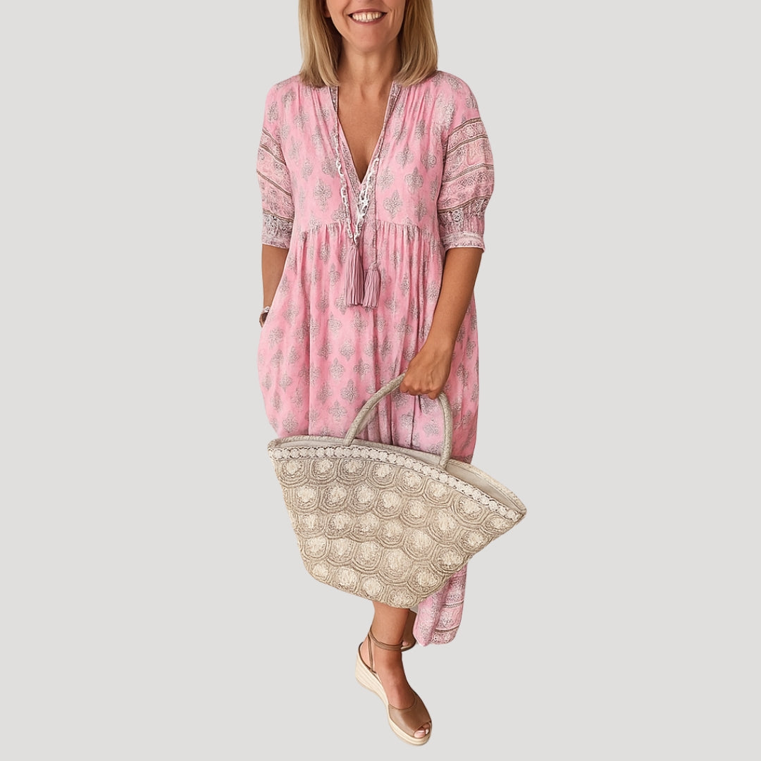 Rosaleth | Vloeiende boho midi-jurk voor dames – Zomerse strandjurk met zakken