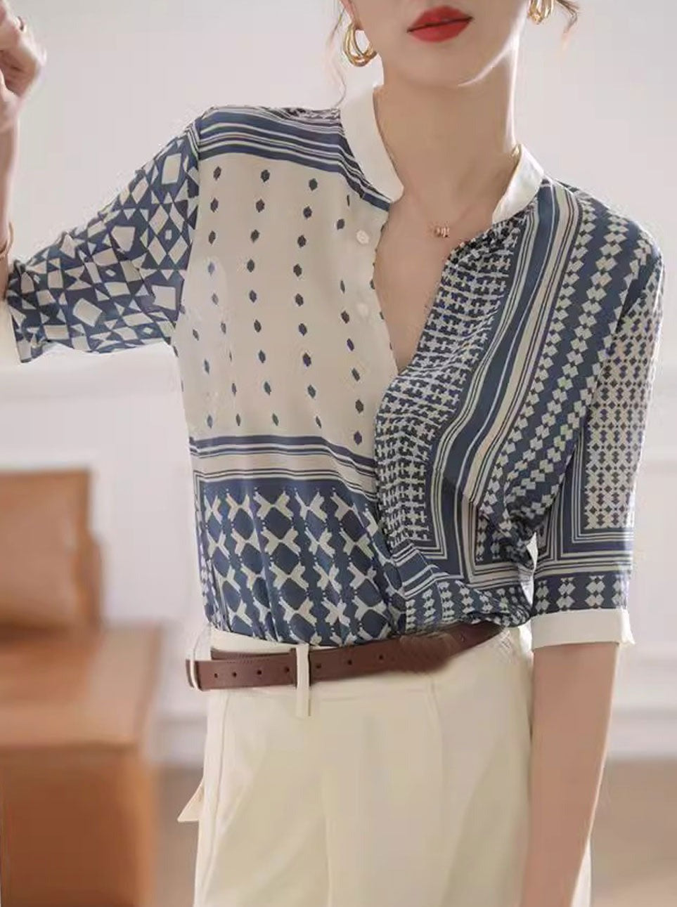 Zulema | Dameshemd met geometrische abstracte print - 3/4 mouwen, lichtgewicht blouse