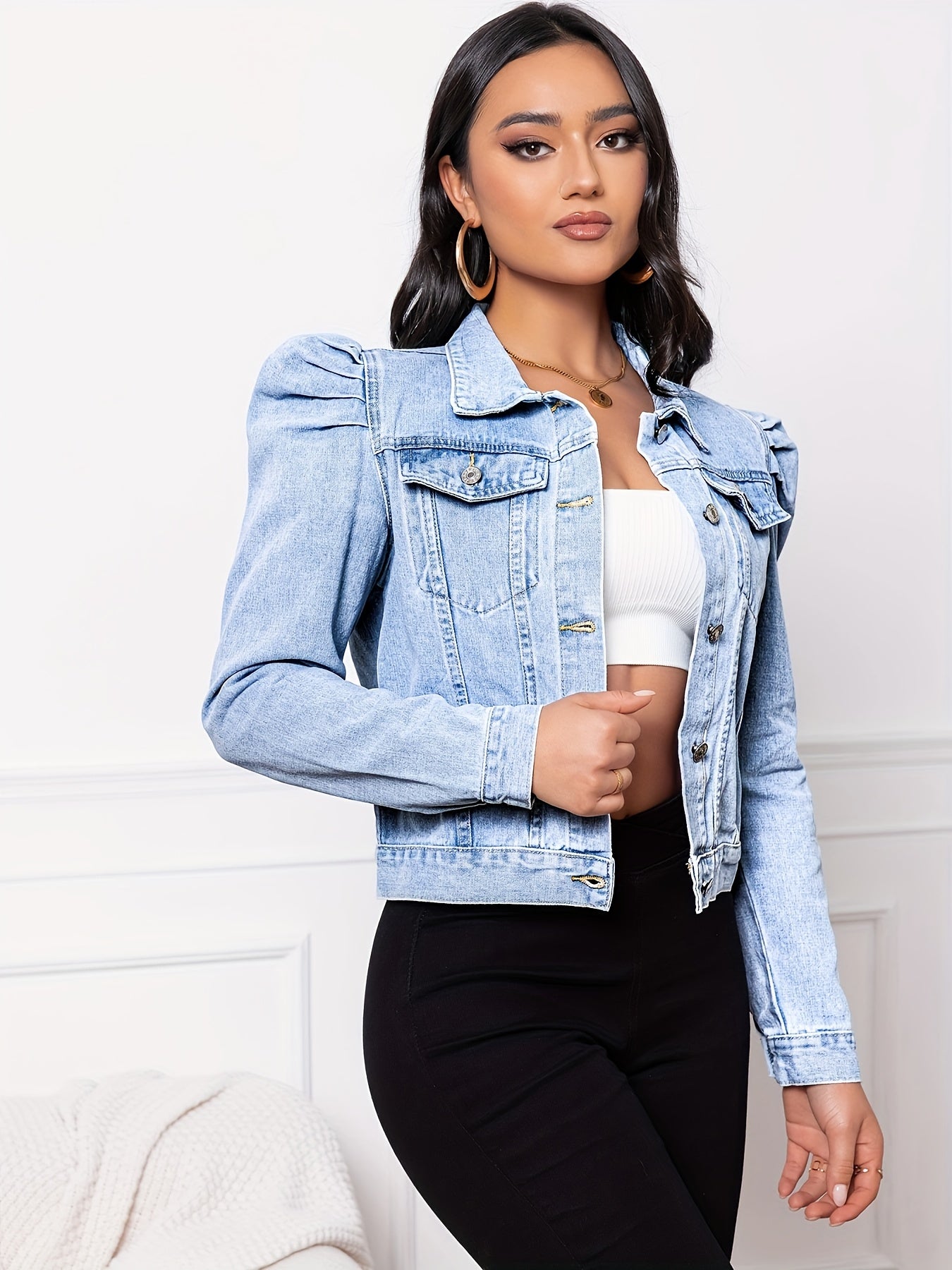 Floriane | Veste en jean élégante pour femme - manches bouffantes, vêtement d'extérieur décontracté et chic