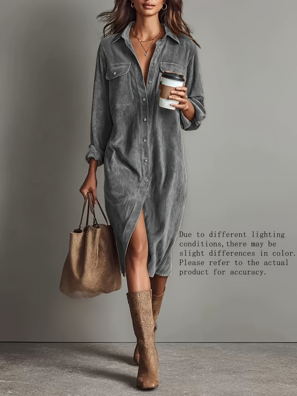 Vinaya | Elegante corduroy shirtjurk voor dames met zakken, casual werkkledingstijl