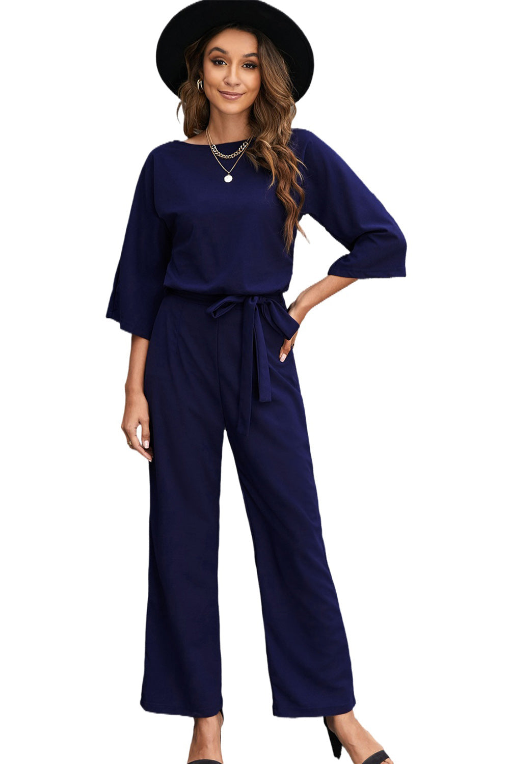 Halvoria | Dames Blauwe Elegante Jumpsuit – Met Polslange Mouwen, Tailleceintuur en Wijde Pijpen