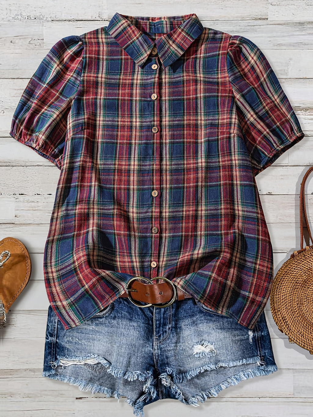 Saryne | Damesblouse met geruite print en pofmouwen
