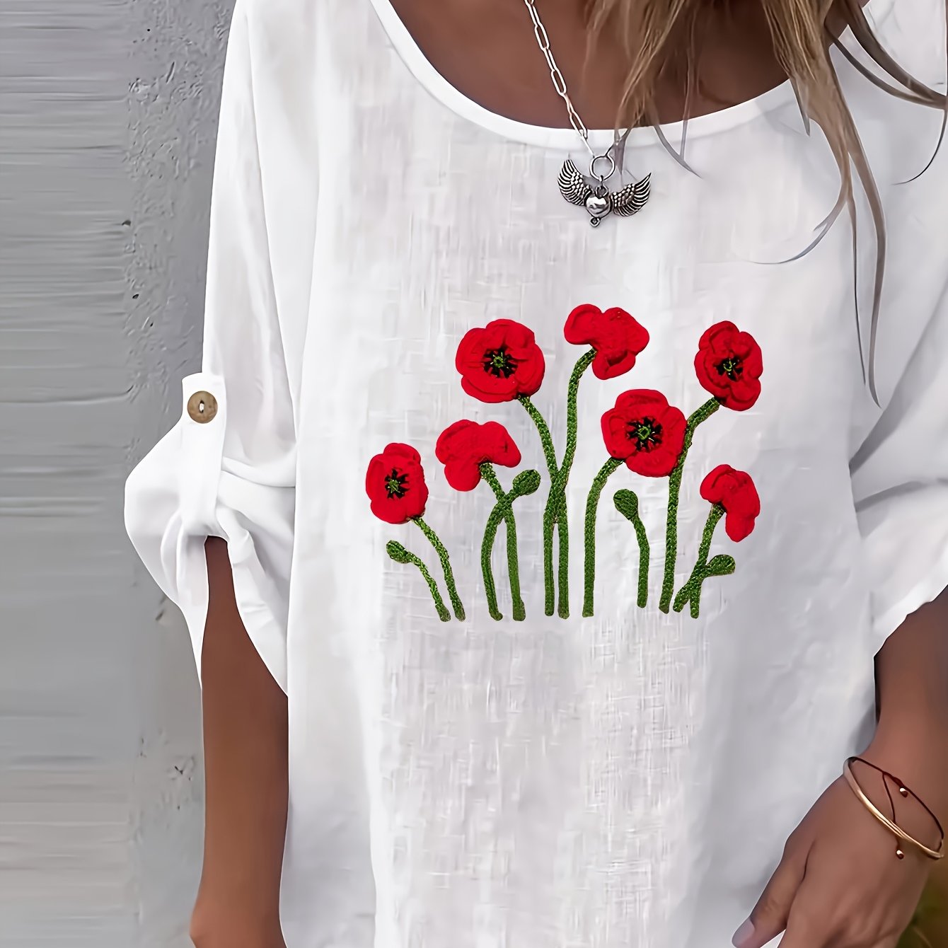 Lunelle | Elegant dames-T-shirt met bloemenprint en ronde hals – Casual, losse pasvorm, knoopjes, lente