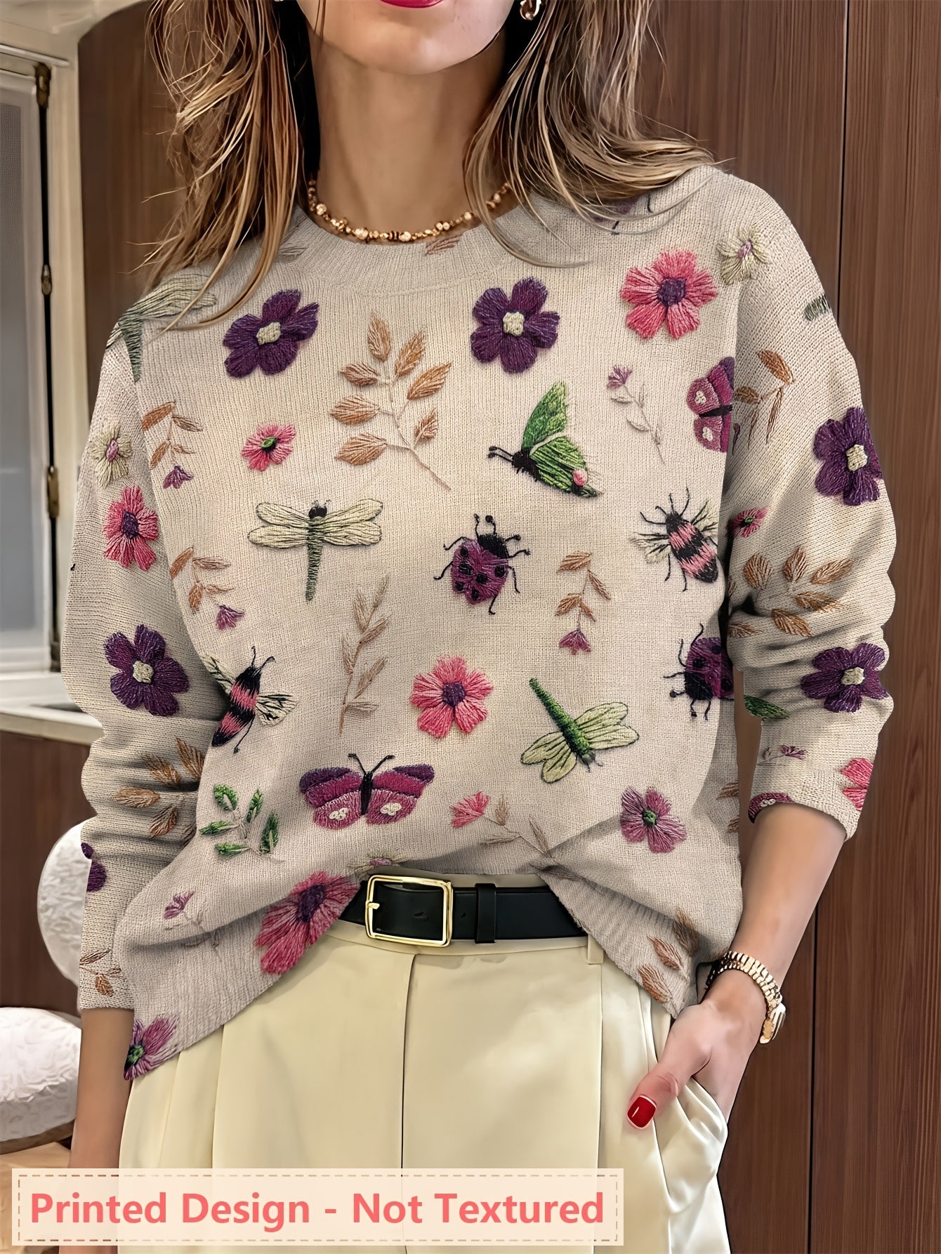 Jessamine | Dames Sweater met All-Over Insecten- en Bloemenprint