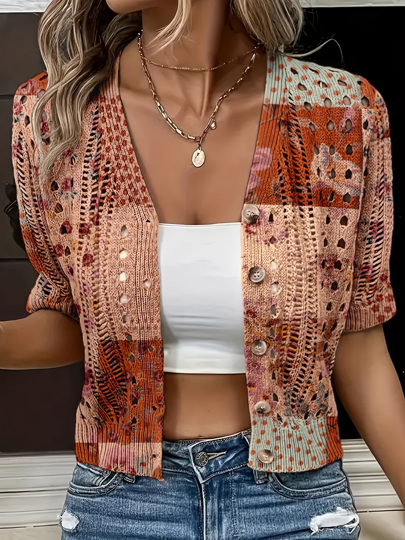 Cyravelle | Bohemian gehaakte korte cardigan – zomerse kortmouwen vest als lichte outerwear