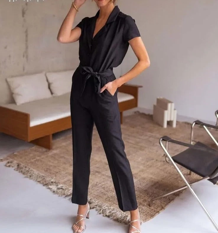 Elisa - elegante casual jumpsuit met v-hals en riem