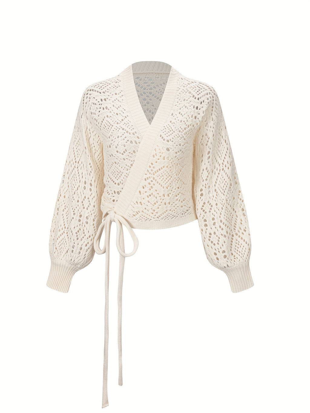 Quessira | Pull élégant à col V et manches lanternes – Haut en maille semi-transparente à ouverture sur le devant et découpes