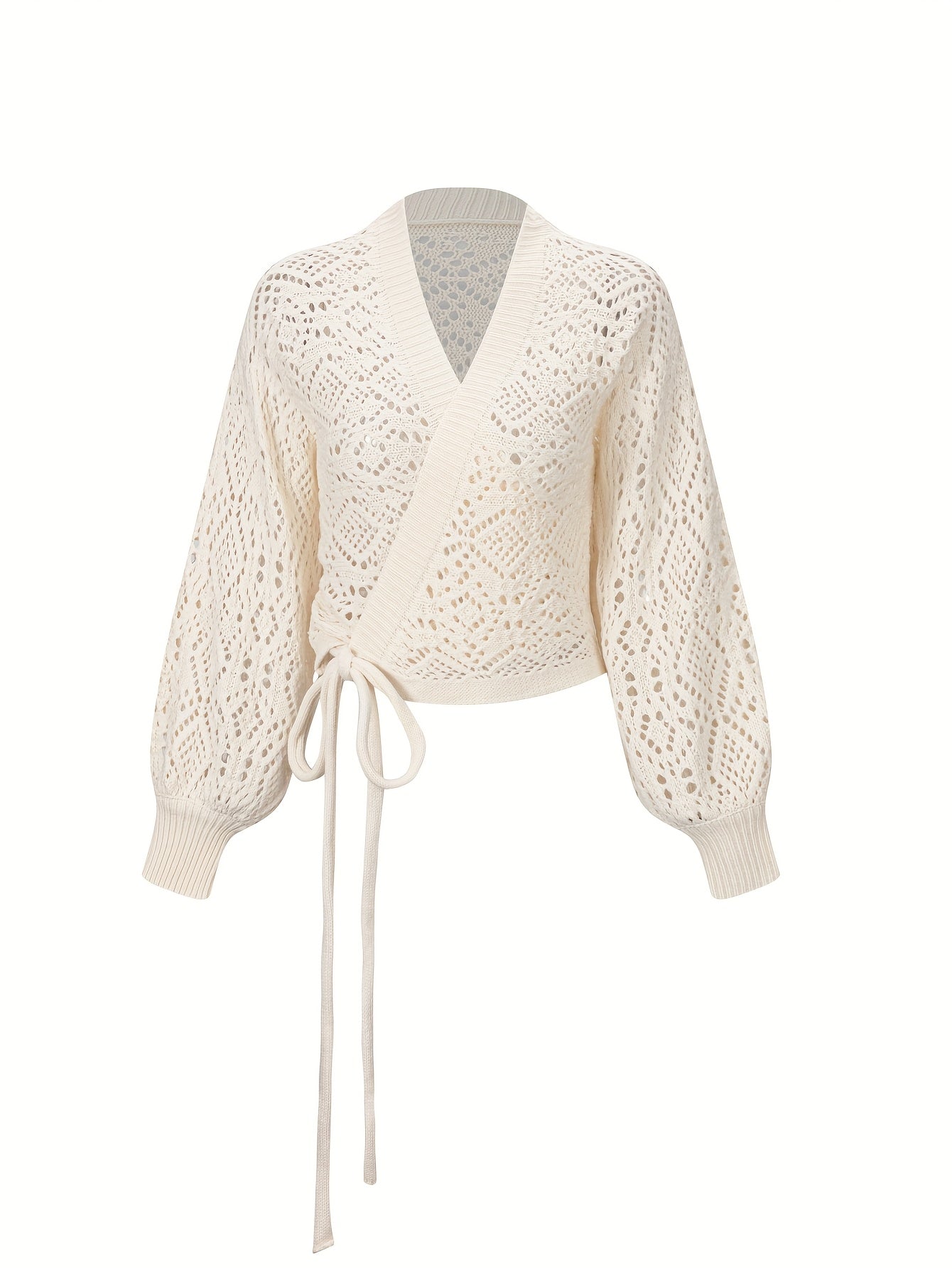 Quessira | Pull élégant à col V et manches lanternes – Haut en maille semi-transparente à ouverture sur le devant et découpes
