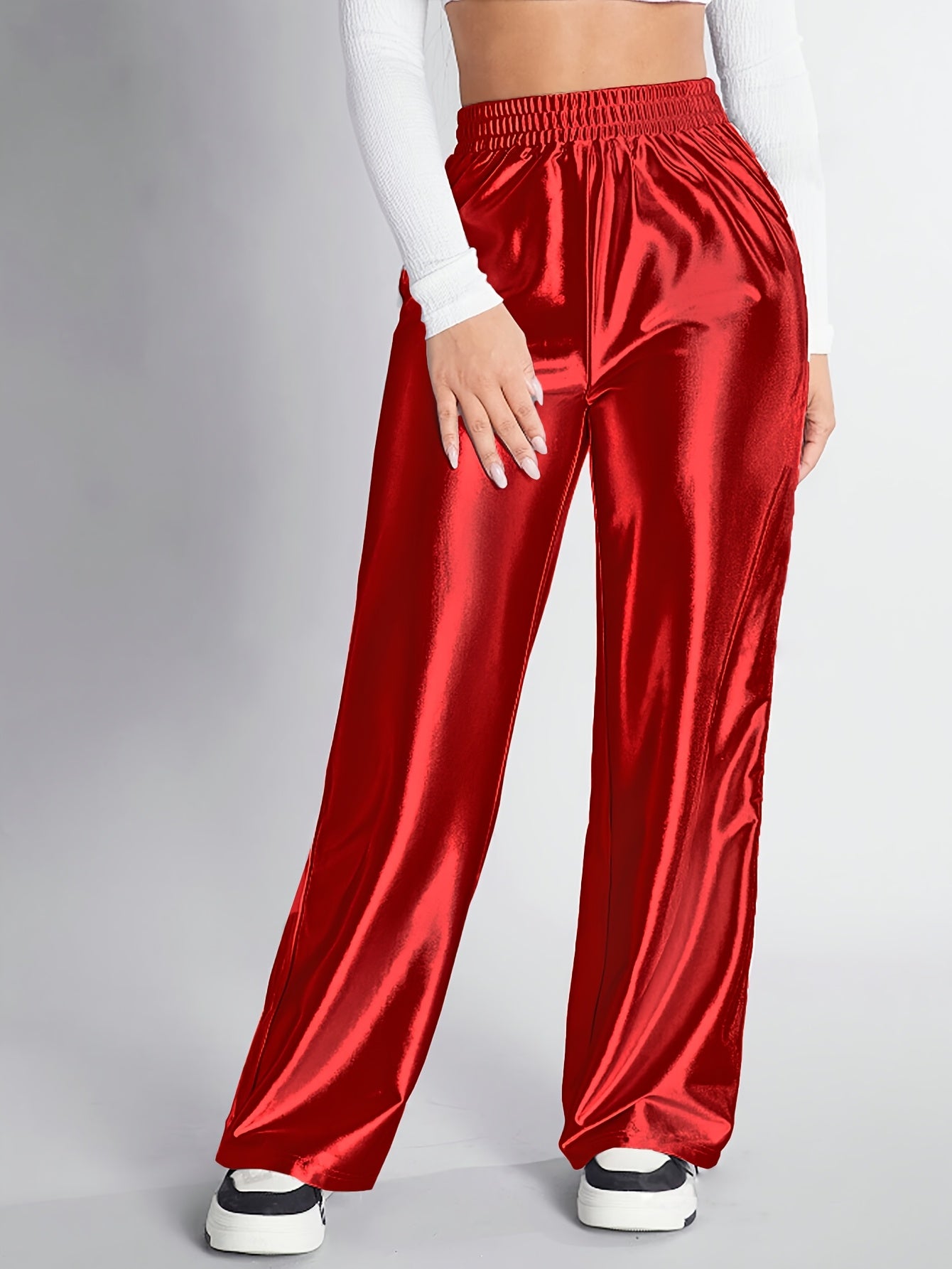 Cherith | Damespantalon met metallic hoge taille en elastische tailleband - Elegante, glanzende broek