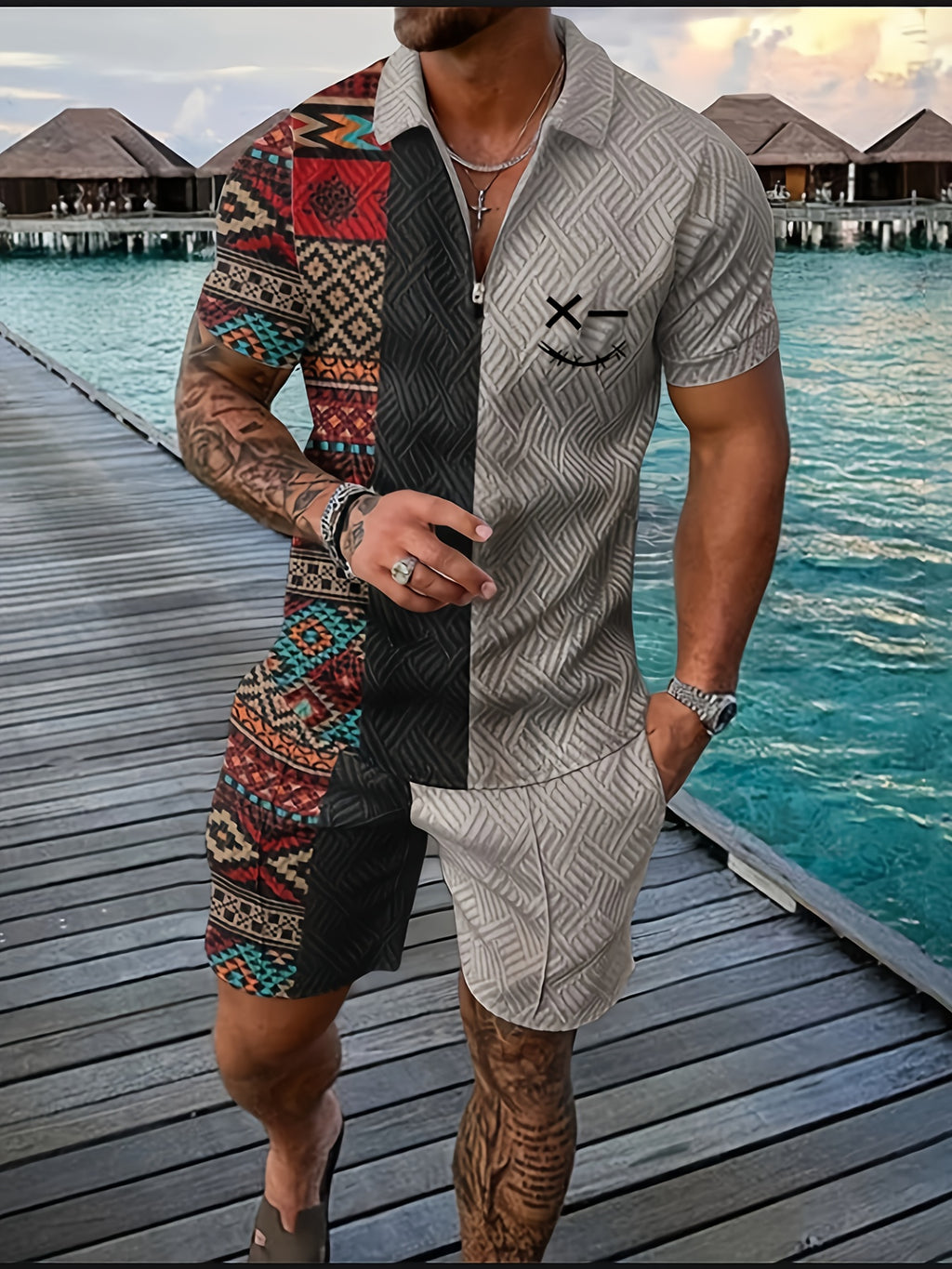 Xylaric | Casual tweedelige set voor heren – T-shirt met reverskraag en korte broek met trekkoord