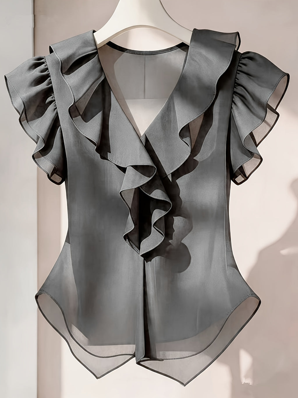 Vaenyra | Damesblouse in Franse stijl van chiffon – effen kleur met ruches en korte mouwen