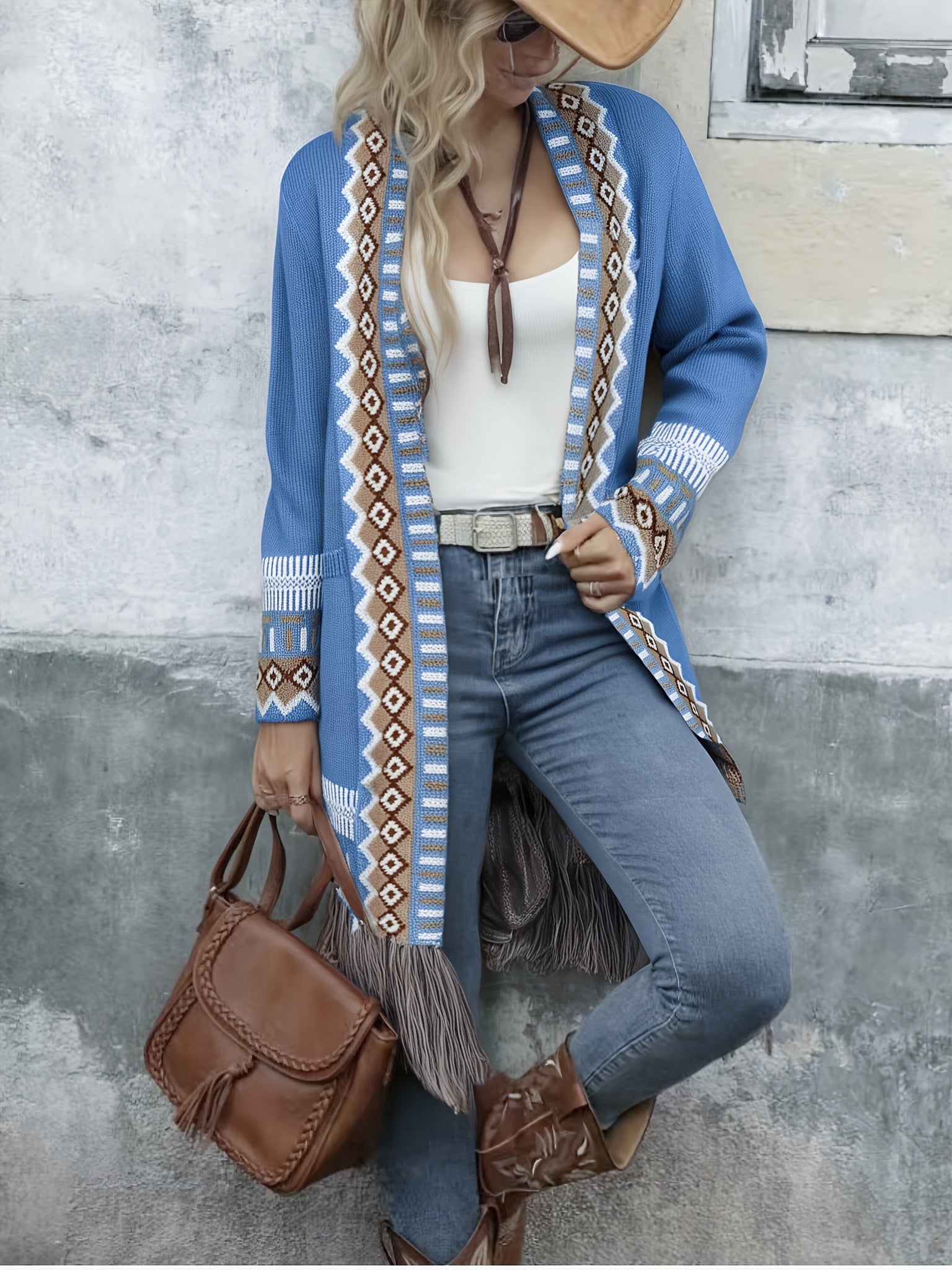 Leoria | Dames Lang Vest – Contrasterend Geometrisch Patroon, Kwastjeszoom