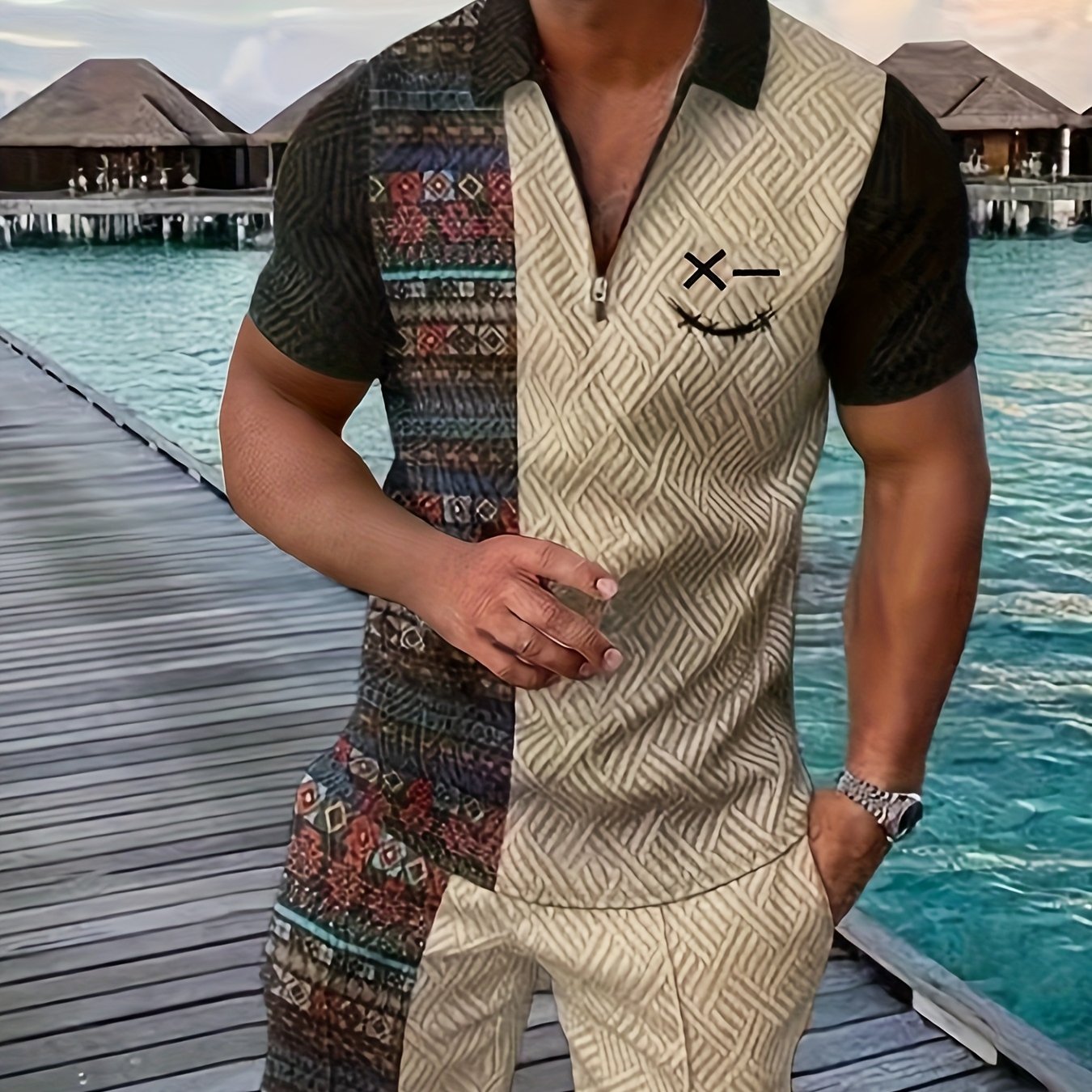 Xylaric | Casual tweedelige set voor heren – T-shirt met reverskraag en korte broek met trekkoord