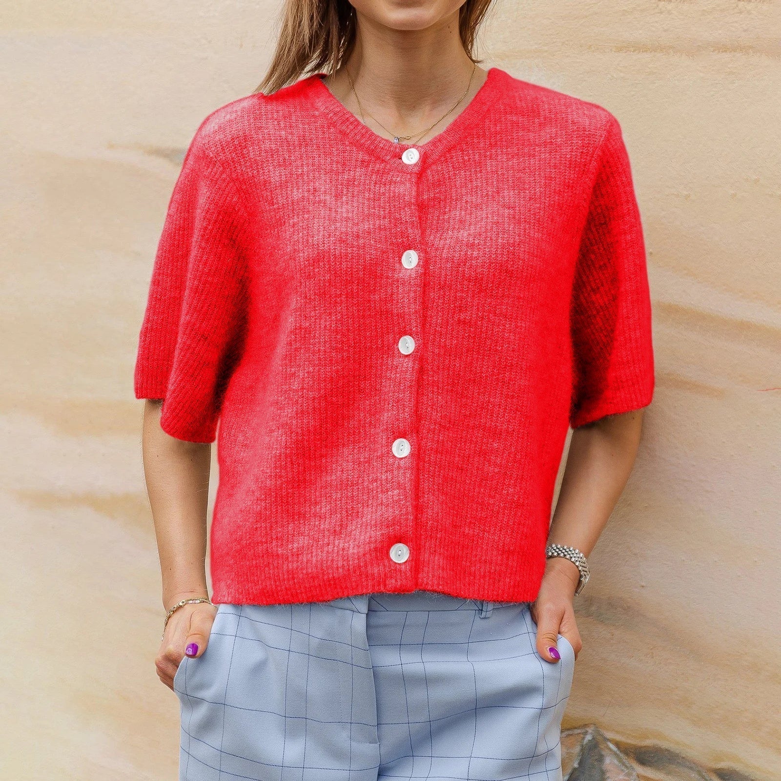 Vireliae | Dames Korte Mouw Cardigan – Lichtgewicht Gebreide Top met Knoopsluiting