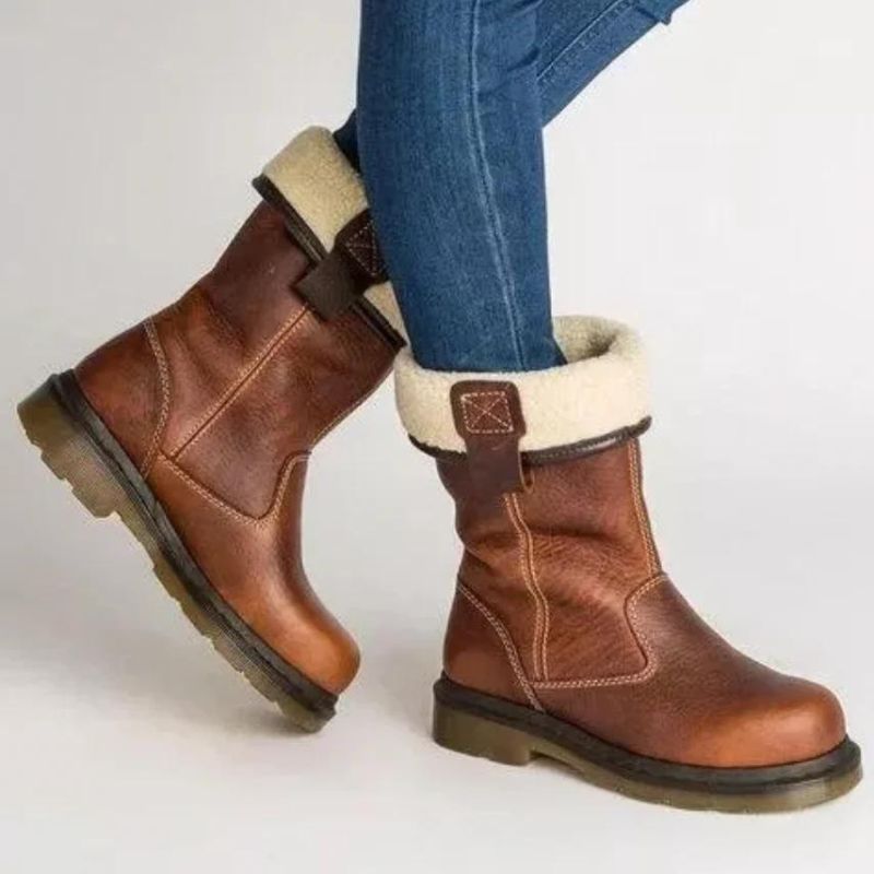 Cosira | Leren winterlaarzen voor dames met voering – Warm imitatieschaapvacht, halverwege de kuit