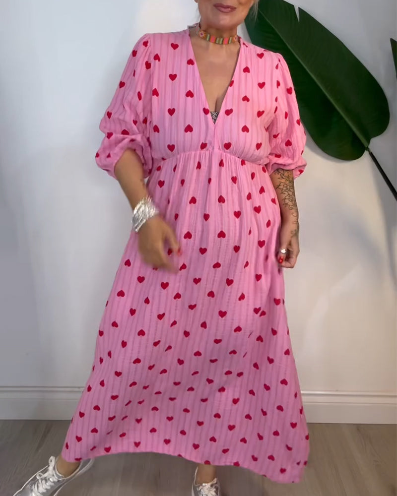 Fexina | Maxi-jurk met hartjesprint voor dames – V-hals, zwierige casual zomeroutfit