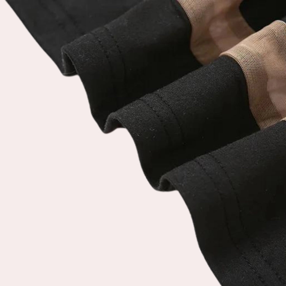 Brisea | Gestreepte, nauwsluitende midijurk voor dames – doorschijnende mesh-panelen