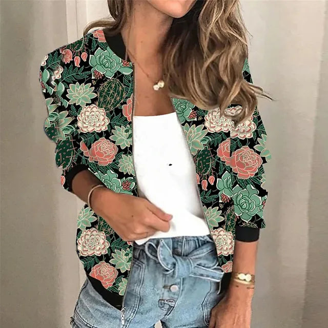 Regala | Veste zippée imprimée pour femme, blouson bomber élégant, vêtement d'extérieur décontracté et léger