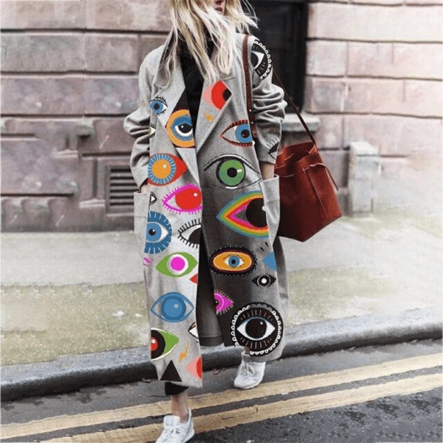 Noa | Langer Damenmantel aus Wolle, stilvoller Übermantel mit Print und offener Vorderseite, warm und elegant