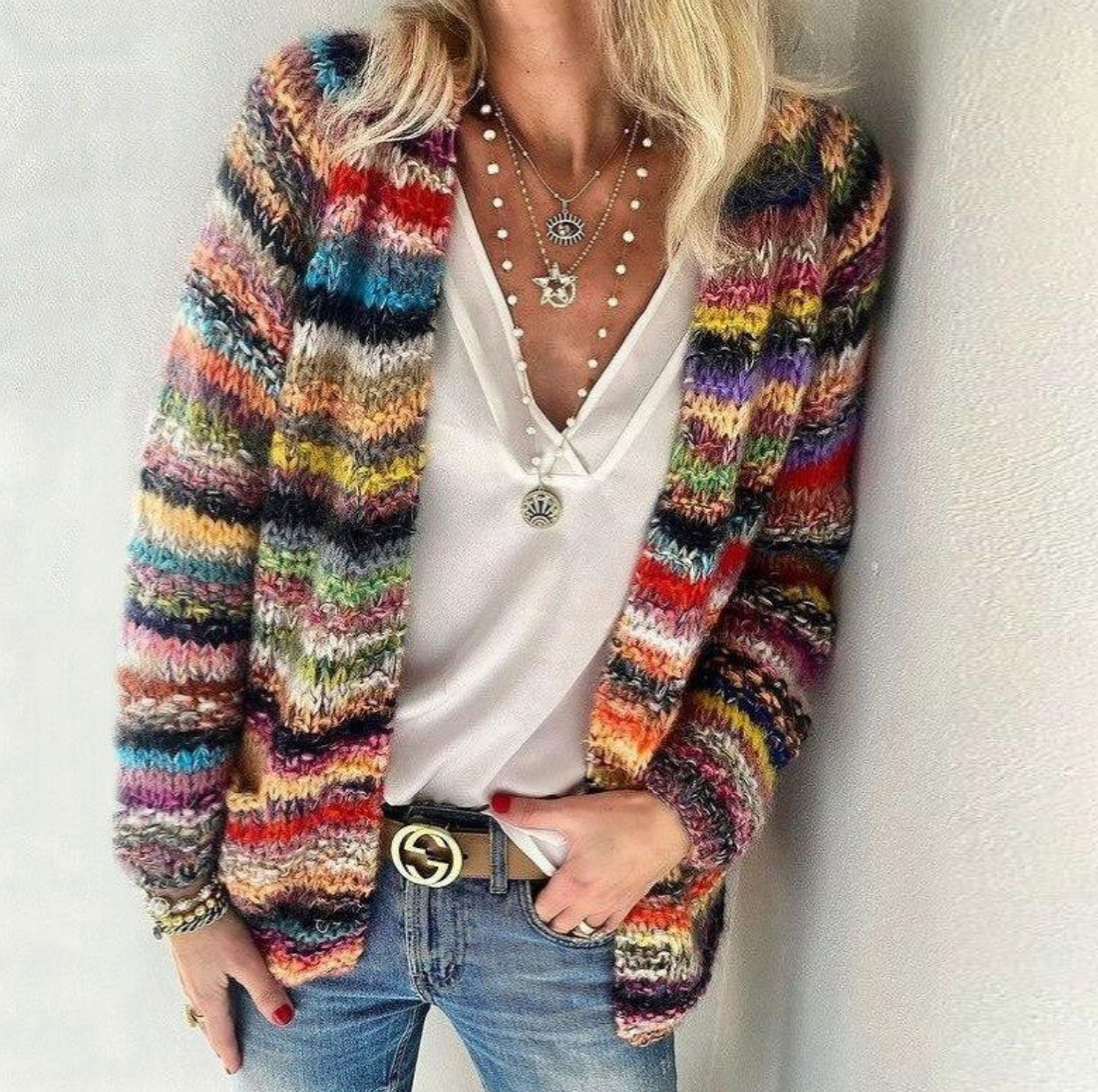 Fynara | Farbenfrohe, grob gestrickte Strickjacke für Damen – Stilvoller Oversize-Pullover, warm und bequem