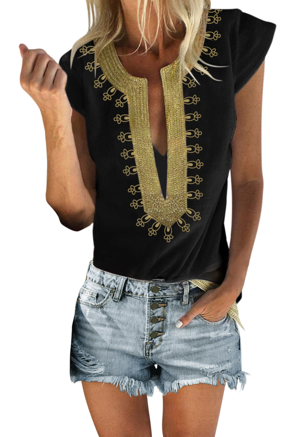 Elvella | Zwarte Boho Blouse met Print – Losvallende Top met Korte Mouwen en Halsdetail
