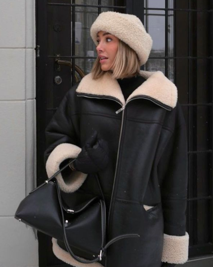 Mariselle | Manteau oversize en similicuir doublé peluche, manteau d'hiver chaud, vêtement d'extérieur noir chic