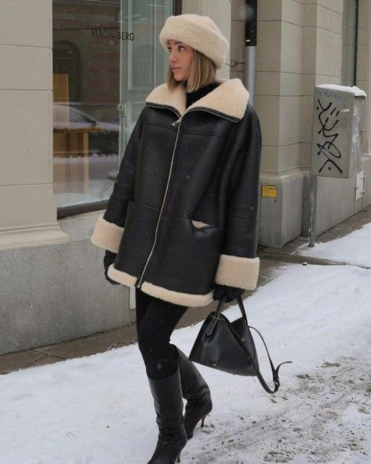 Mariselle | Manteau oversize en similicuir doublé peluche, manteau d'hiver chaud, vêtement d'extérieur noir chic