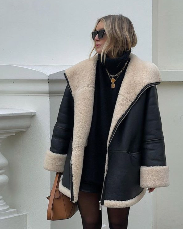 Mariselle | Manteau oversize en similicuir doublé peluche, manteau d'hiver chaud, vêtement d'extérieur noir chic