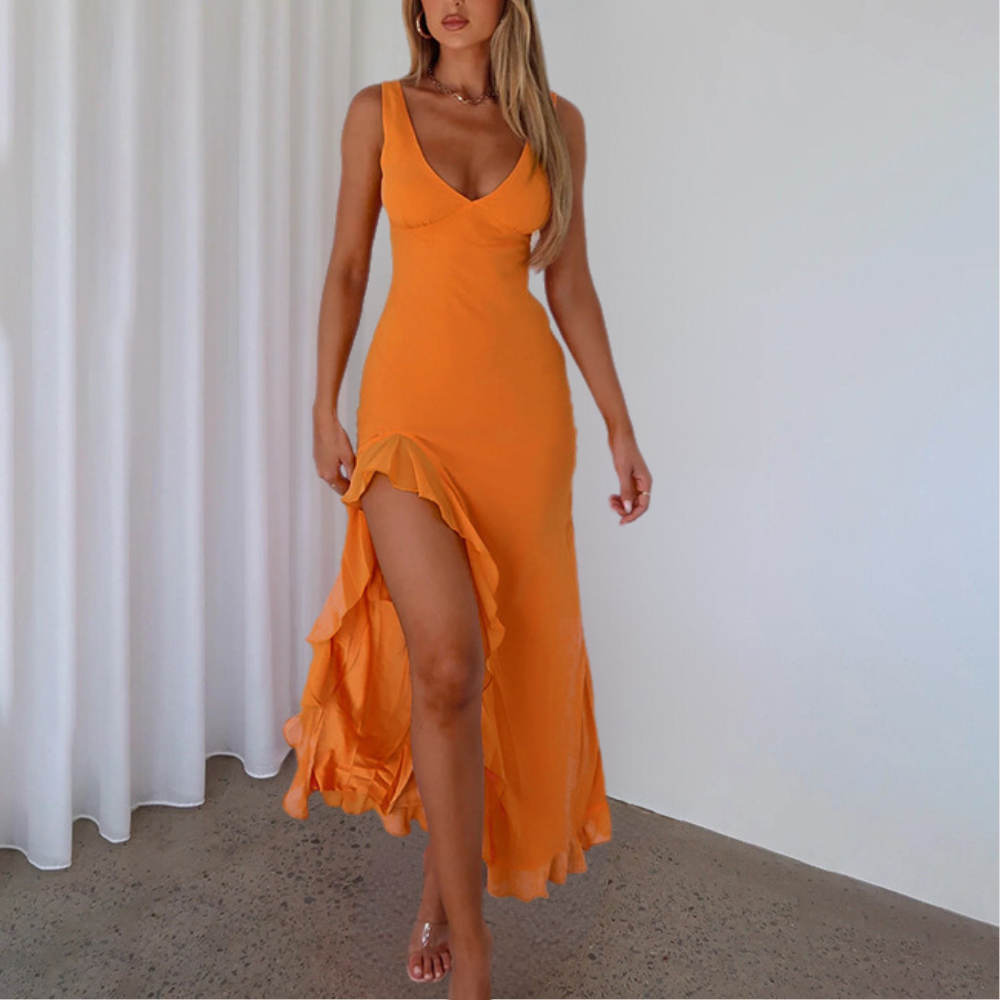 Ondina | Chique maxi-jurk voor dames – mouwloos met V-hals en asymmetrische split