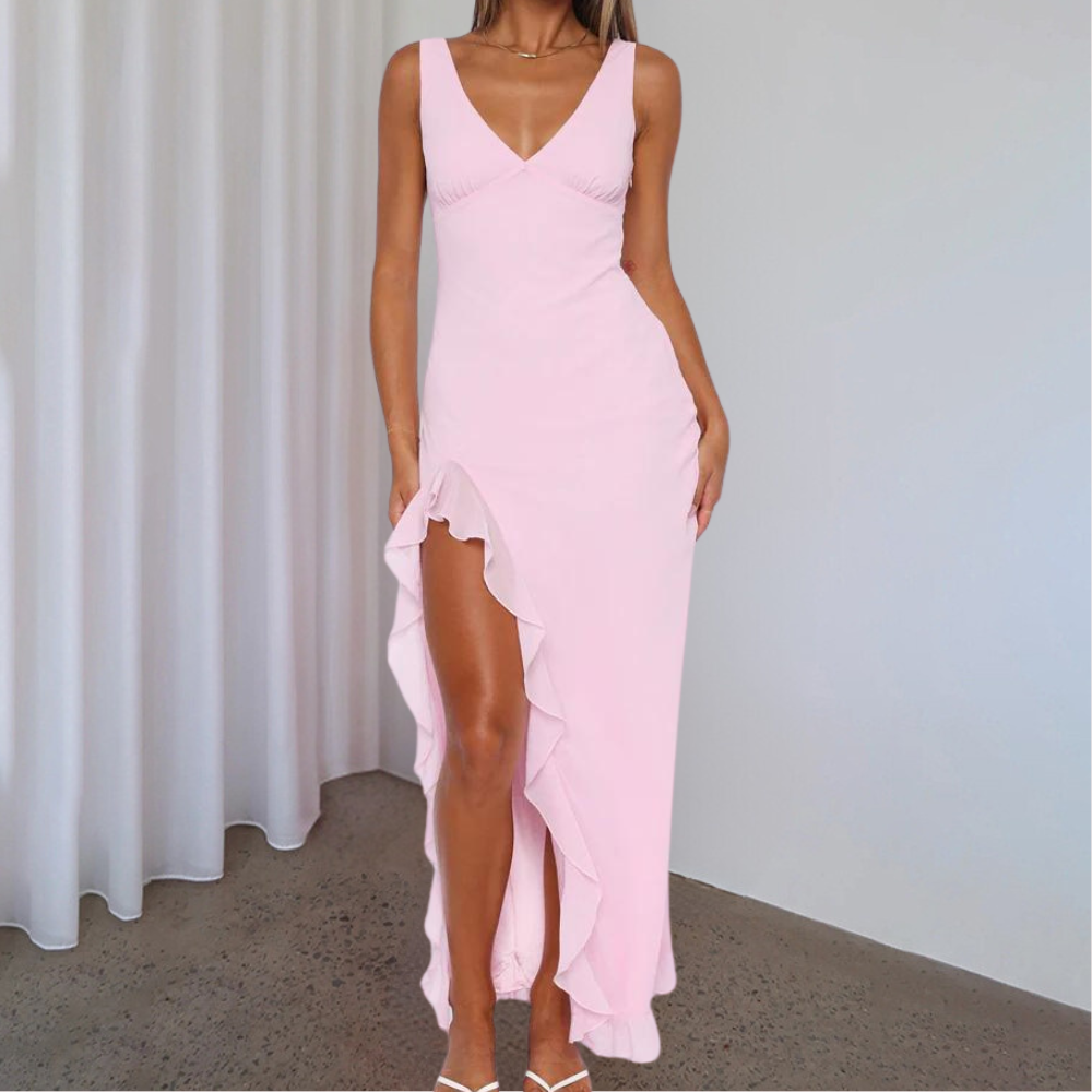 Ondina | Chique maxi-jurk voor dames – mouwloos met V-hals en asymmetrische split