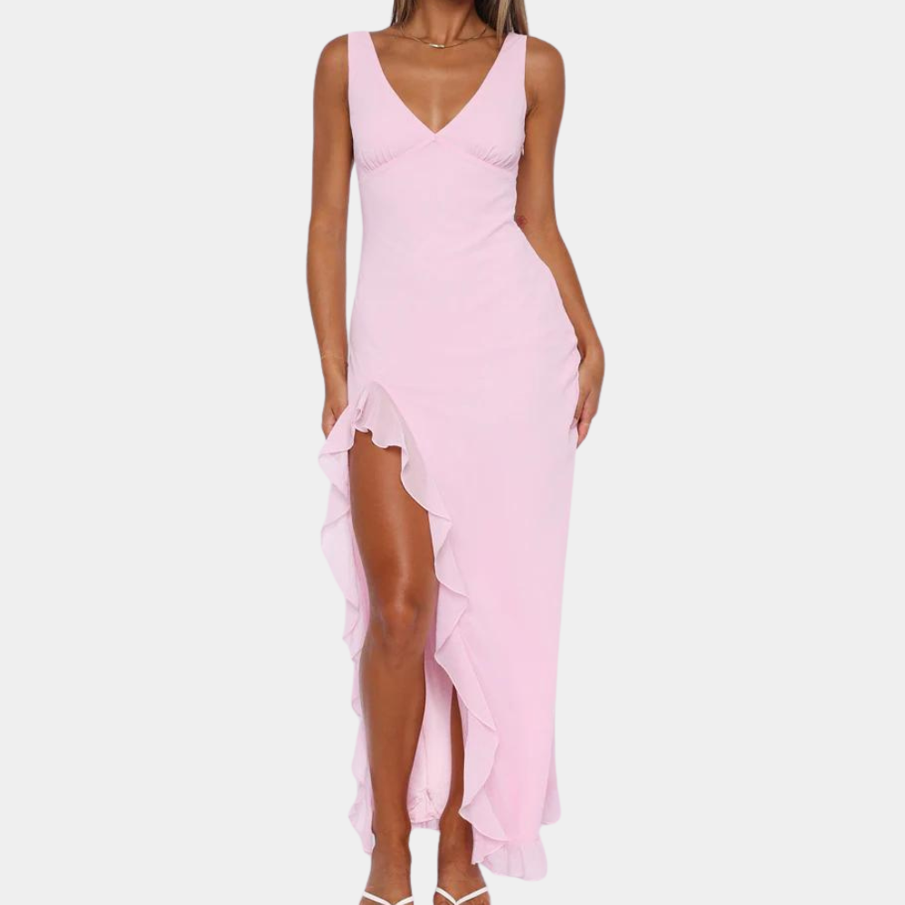 Ondina | Chique maxi-jurk voor dames – mouwloos met V-hals en asymmetrische split