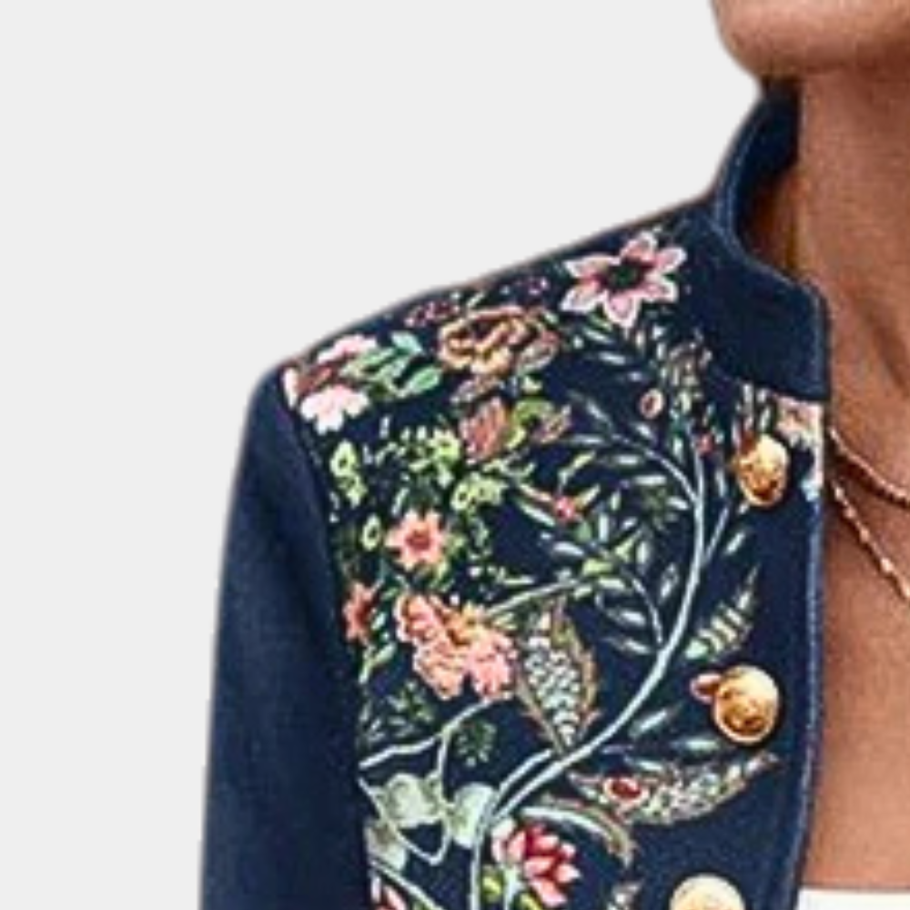 Arlyne | Elegante, getailleerde damesblazer met bloemenborduursel, hoge kraag en slank gesneden model