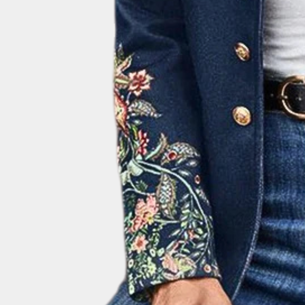 Arlyne | Elegante, getailleerde damesblazer met bloemenborduursel, hoge kraag en slank gesneden model