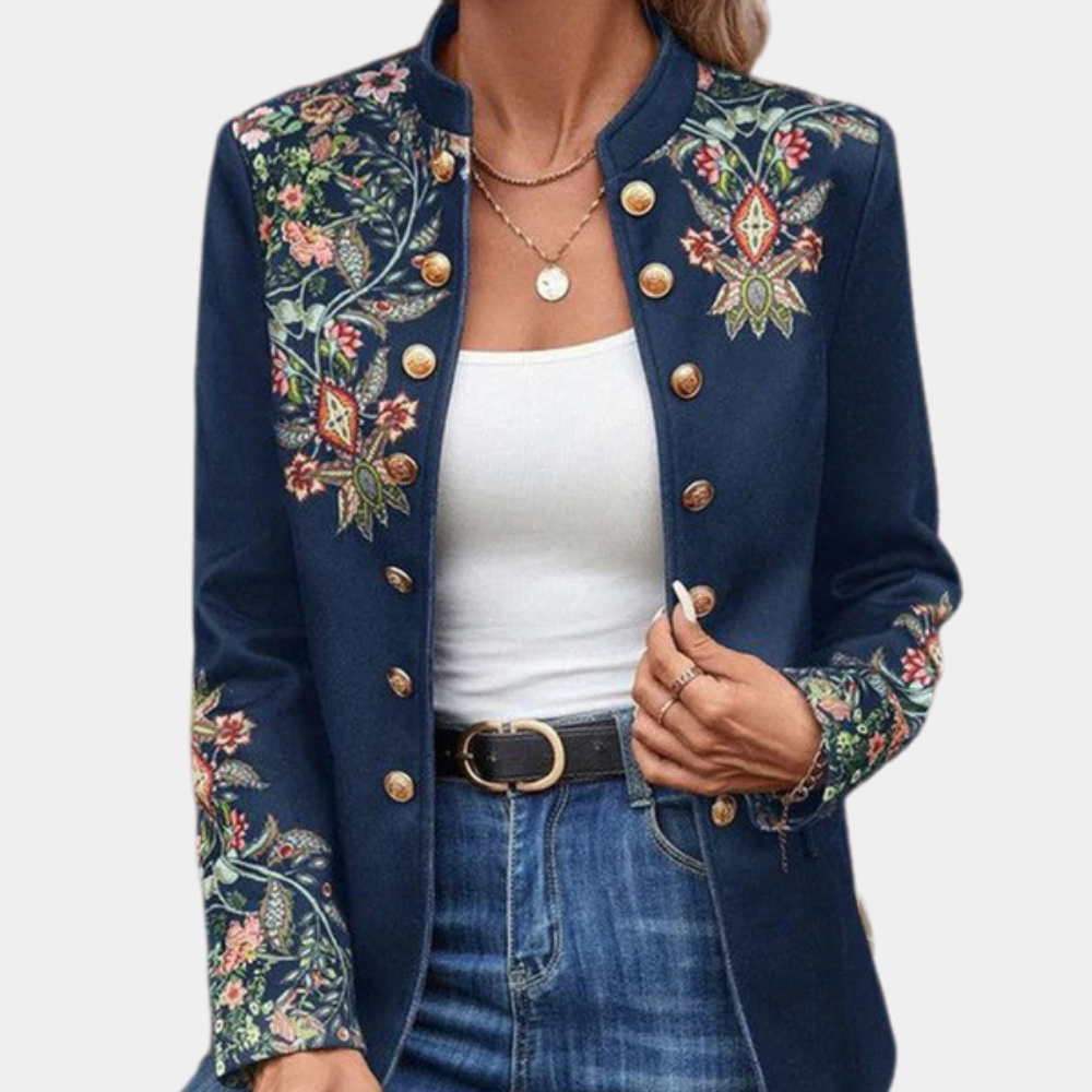 Arlyne | Elegante, getailleerde damesblazer met bloemenborduursel, hoge kraag en slank gesneden model
