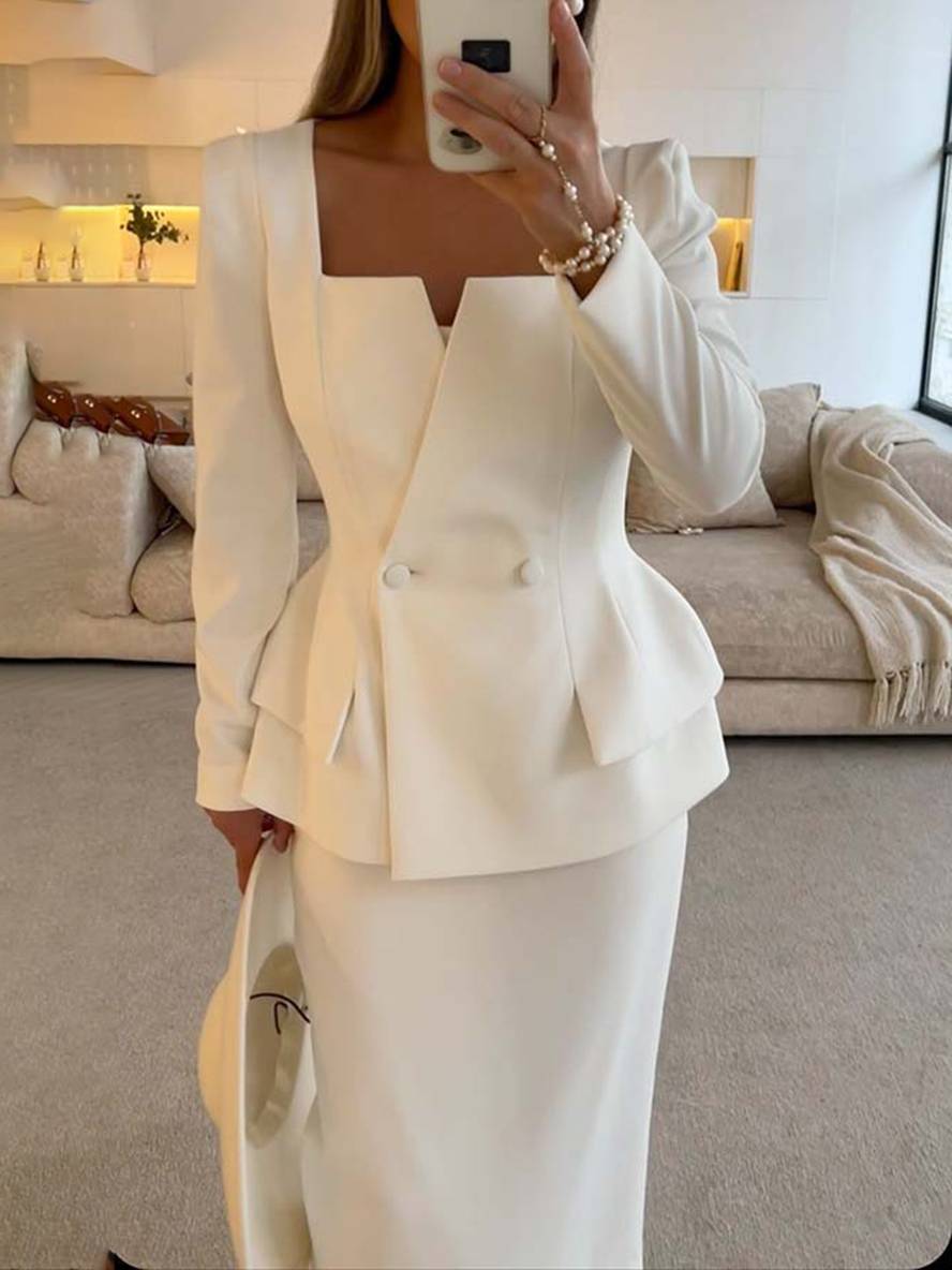 Aelisse | Elegante tweedelige kantoorset voor dames – blazer en maxi-rok
