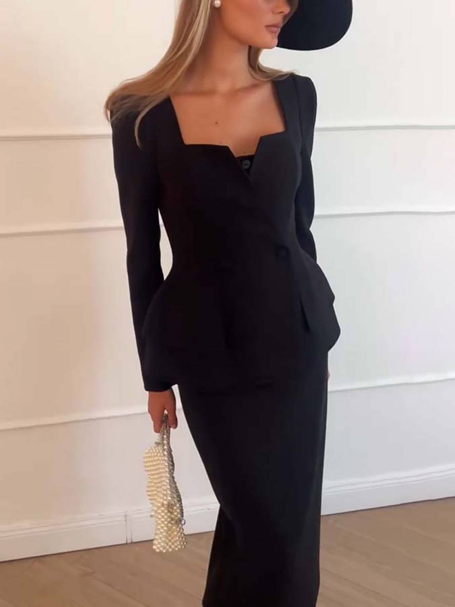 Aelisse | Elegante tweedelige kantoorset voor dames – blazer en maxi-rok