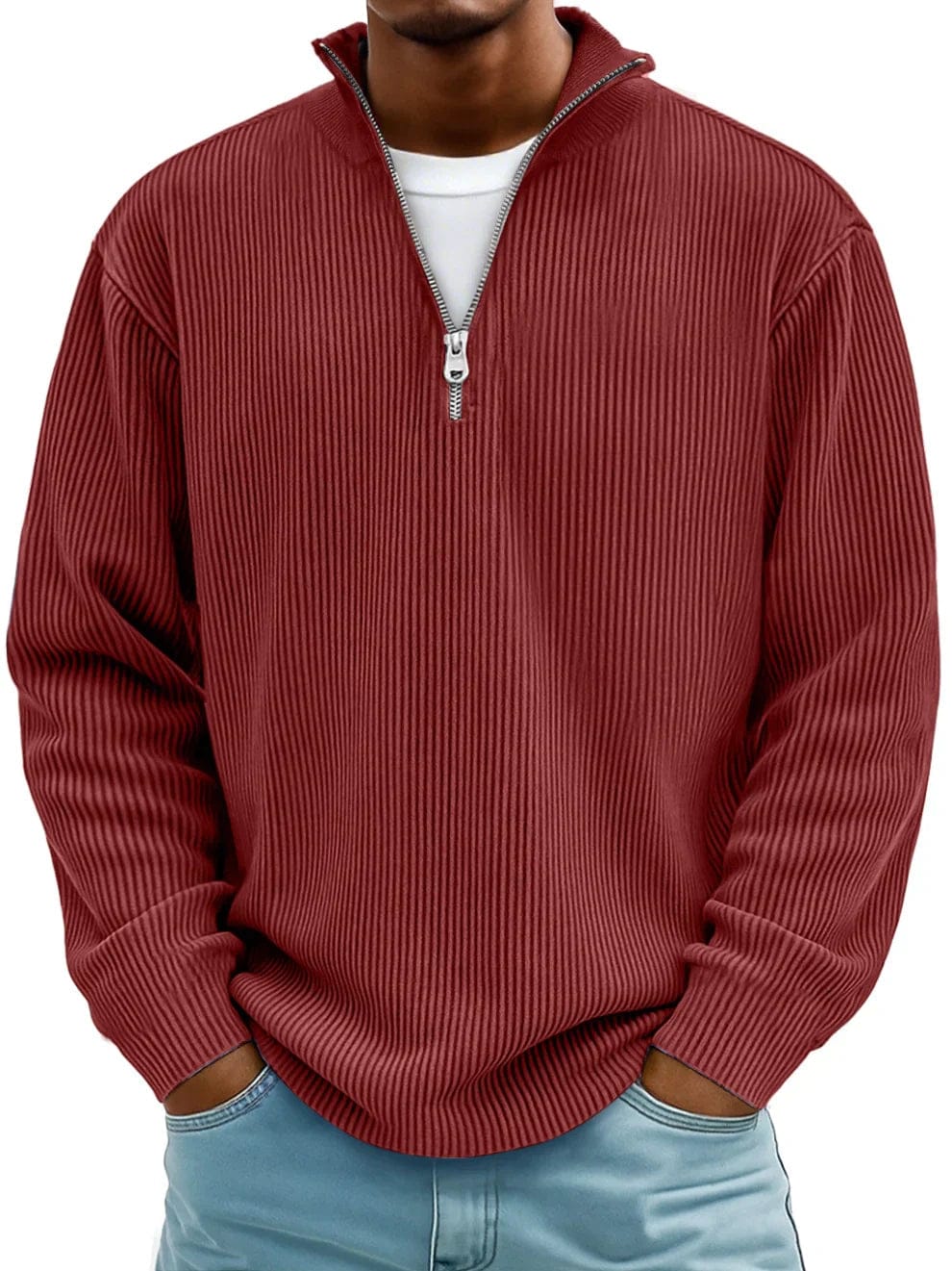 Marekko | Geribbelde katoenen trui met halve rits voor heren – Premium casual pullover, comfortabele pasvorm