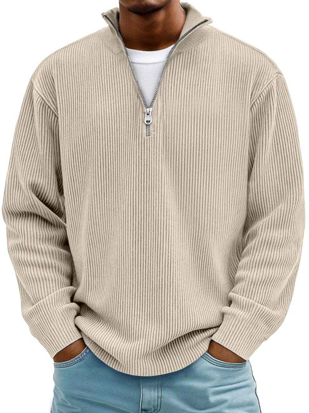 Vayor | Geribbelde katoenen trui met halve rits voor heren – Zachte, ademende, smart casual gebreide kleding