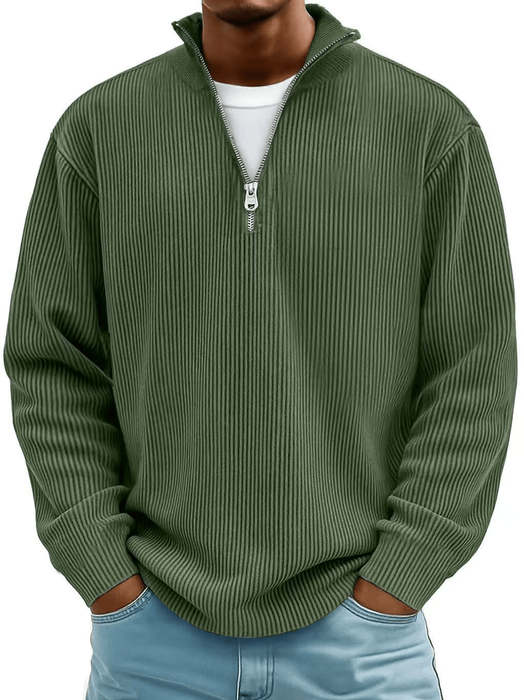 Vayor | Geribbelde katoenen trui met halve rits voor heren – Zachte, ademende, smart casual gebreide kleding