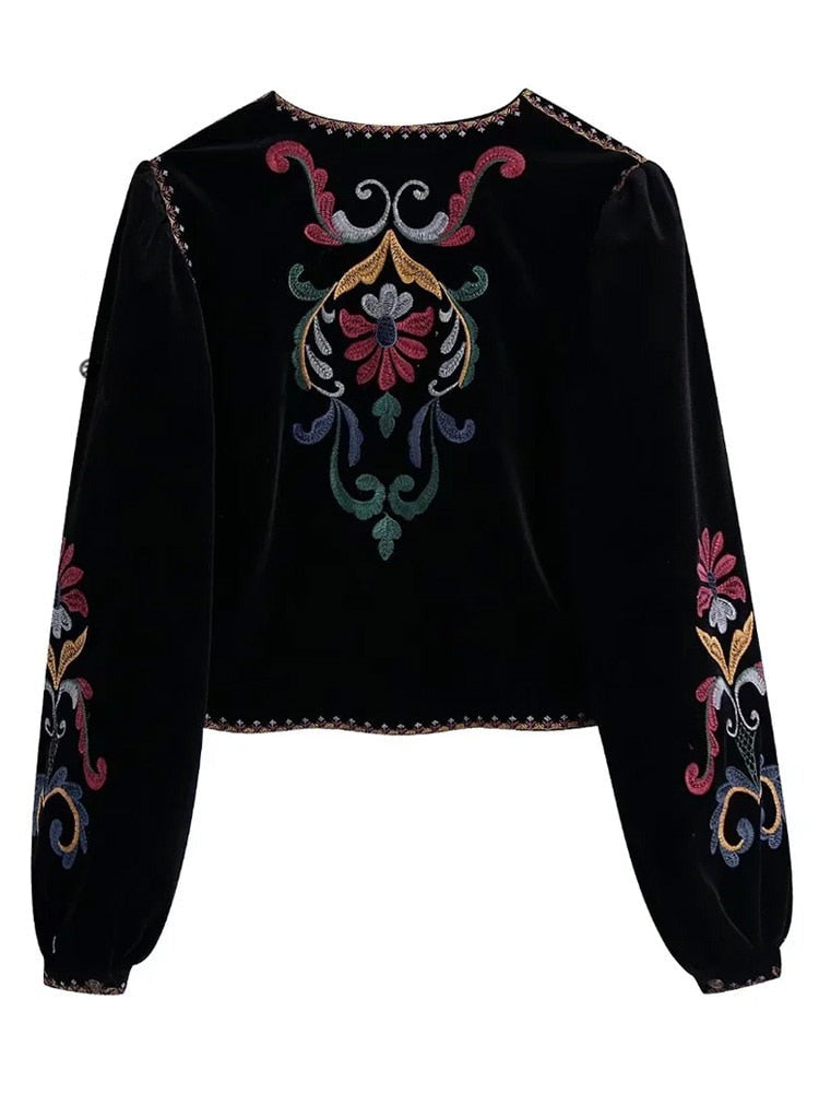 Feyona | Blazer ouvert en velours noir pour femme - veste à broderies florales colorées, style rétro-vintage